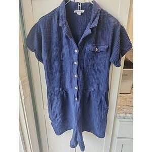 Beach Lunch Lounge Romper Women's L Navy Gauze Crinkle Cotton Missing‎ Belt